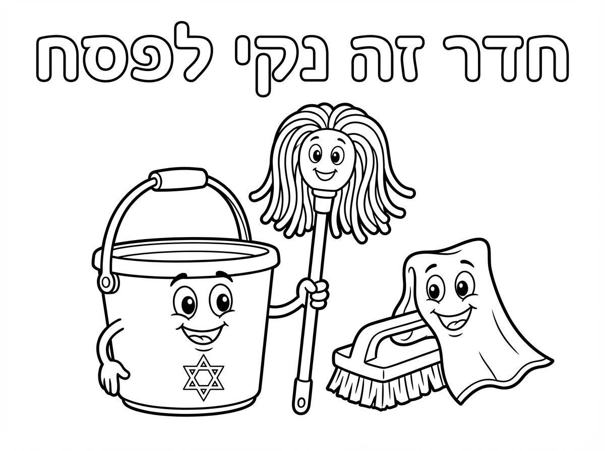 תכין לי דף צביעה עם ציורים של חומרי נקיון דלי מגב סמרטוט וכיתוב 'חדר זה נקי לפסח'