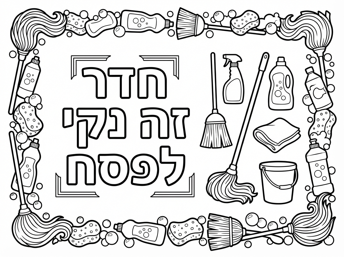 מסגרת יפה סביב הדף.
באמצע כיתוב 'חדר זה נקי לפסח' בצד ציור של מגב ומטאטא.
ציור של ספריי נקיון
סמרטוט נקיון ודלי ובקבוקים של חומרי ניקוי