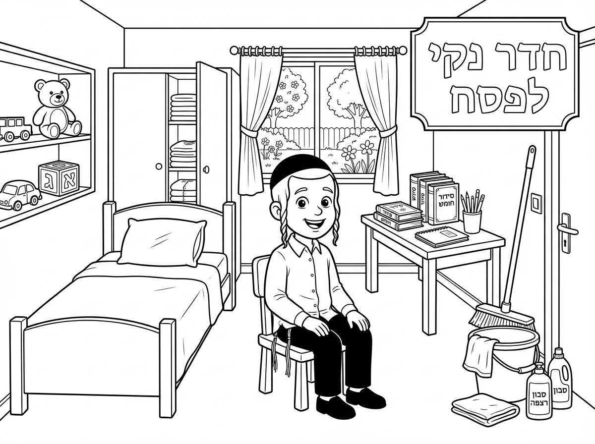 סגנון אמנותי:
דף צביעה לילדים (Coloring book page), קווי מיתאר שחורים נקיים, עבים וברורים (Bold, clean black outlines), ללא הצללות (No shading), ללא צבעים (pure white background), סגנון איור קלאסי ועדין (Classic illustration style).
הסצנה המרכזית:
מבט פנורמי על חדר ילדים מואר, מסודר להפליא ונקי לחלוטין. האווירה נינוחה ושמחה.
הדמות:
במרכז החדר, יושב על כיסא עץ קטן, ילד חסידי כבן 7 (או ילדה חסידית, לבחירתך – ראה פירוט בהמשך). הוא מחייך חיוך רחב ומלא גאווה, מביט קדימה.
פרטי לבוש לילד: חובש כיפה שחורה מקטיפה, עם פאות מסולסלות (Peyot) בולטות, לובש חולצה לבנה מכופתרת, וציצית ("טלית קטן") נראית בבירור מעל המכנסיים הכהים.
אופציה לילדה: אם זו ילדה, היא תלבש חולצה צנועה עם שרוולים ארוכים, חצאית ארוכה, ושיערה יהיה אסוף בצמה או תסרוקת צנועה.
פרטי החדר (ריהוט וסדר):
המיטה: מיטת עץ מסודרת באופן מושלם. כיסוי מיטה מתוח, וכרית אחת מונחת עליה בסימטריות.
הארון: ארון בגדים עם דלת אחת פתוחה מעט. דרך הפתח נראים מדפים ובהם ערימות בגדים מקופלות באופן מופתי, מיושרות כמו חיילים.
מדף הצעצועים: מעל המיטה או בצד, מדף פתוח. הצעצועים מונחים בו במקומותיהם: דובי יושב זקוף, מכונית צעצוע, וקוביית משחק עם אותיות א'-ב'. אין שום צעצוע על הרצפה.
שולחן הכתיבה: שולחן קטן ונקי. עליו מסודרים:
ערימה קטנה של ספרי קודש (עם כיתוב מרומז בעברית על הכריכה, כמו "סידור" או "חומש").
כוס מלאה בכלי כתיבה (עפרונות ועטים).
מחברת סגורה.
החלון: חלון גדול ברקע. הוילונות מוסטים לצדדים ונקיים. דרך החלון נשקף נוף של גינה פורחת ומטופחת, עם עצים ופרחים (גם הם בקווי מיתאר לצביעה).
פרטי הניקיון (התוספות שביקשת):
בפינת החדר, ליד הדלת או ליד השולחן, מונח "סט ניקיון" מסודר:
דלי: דלי פלסטיק נקי.
מגב ומטאטא: נשענים על הקיר ליד הדלי, מחוברים למקלות ארוכים.
סמרטוט: סמרטוט רצפה מקופל בצורה נקייה על שפת הדלי.
בקבוקי חומרי ניקוי: 2-3 בקבוקים עם פקקים, עומדים בתוך הדלי או לידו. על התוויות שלהם יש כיתוב מרומז בעברית (כמו "סבון" או "רצפה").
טקסט (בפינה העליונה):
בפינה העליונה של הדף (ימין או שמאל), בתוך מסגרת מעוטרת עדינה או על "סרט" (Banner) מצויר, מופיע הכיתוב בעברית בכתב ברור וגדול לצביעה:
"חֶדֶר נָקִי לֶפֵסַח"