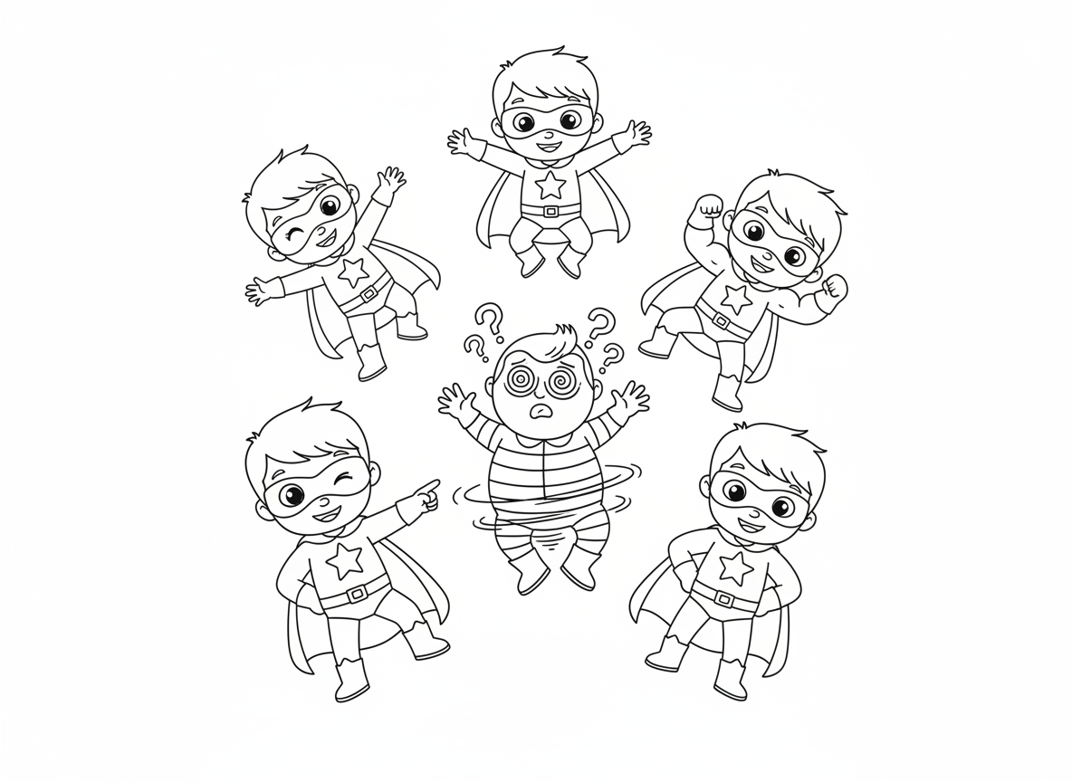 גיבור על עם כוח שכפול - ילד גיבור על שיכול לשכפל את עצמו, חמישה גיבורים זהים מקיפים רשע מבולבל, כל אחד בתנוחה שונה, הגיבור המקורי קורץ, העותקים מעט שקופים, רשע מסוחרר מבלבול