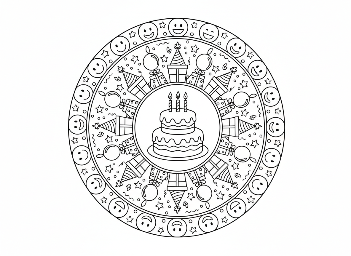 מנדלת חגיגת יום הולדת - מנדלה חגיגית עם עוגת יום הולדת במרכז, מוקפת בטבעות בלונים, מתנות, כובעי מסיבה, קונפטי, נחשולים, נרות, כוכבים, פרצופים שמחים בטבעת חיצונית