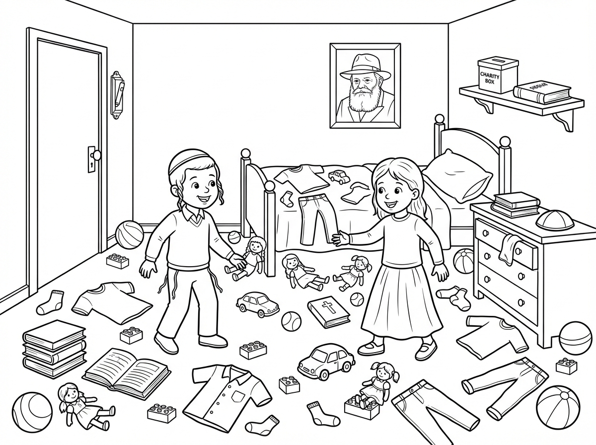 אני רוצה שתיצור לי דף משימה לילדי הגן שלי. 

אני רוצה שיראו בדף ציור של חדר ילדים מבולגן  ממשחקים והילדים יצטרכו למנות את הפריטים.
לכן חשוב שיהיו בו מספר פריטים מאותו חפץ.
10 כדורים
9 קוביות לגו
8 בובות 
7 מכוניות 
6 ספרים
5 גרביים 
4 חולצות
3 מכנסיים
2 כיפות
1 מזוזה בדלת


חשוב שלא יהיו בדלת דמויות מהטלוויזיה ושלא יהיו חיות לא טהורות.
חשוב גם שהילדים יהיו חבדניקים ושיהיה תמונה של הרבי תןיה על הקיר.
על המדף שיראו קופת צדקה וסידור