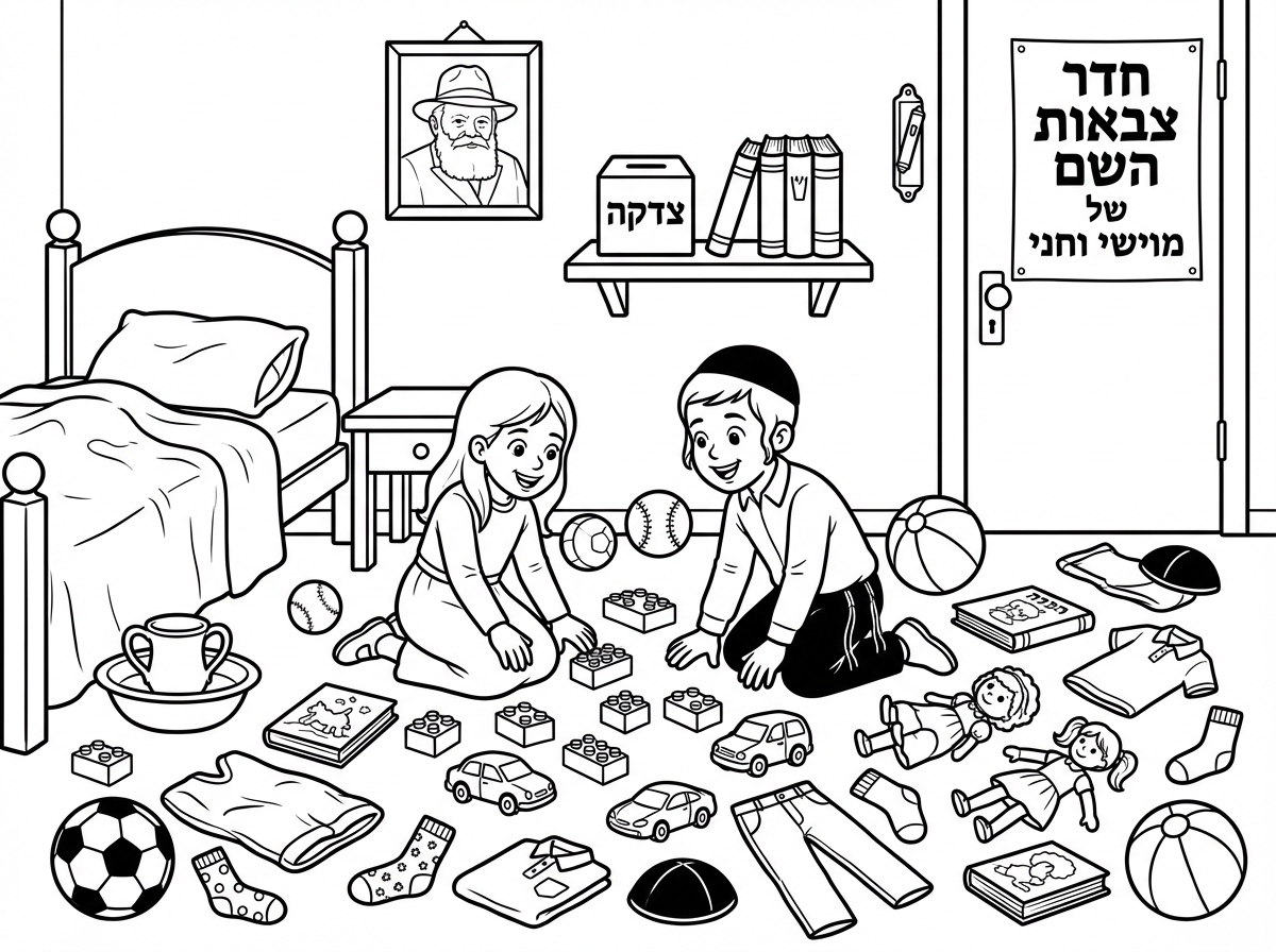 תודה רבה.
אשמח שתשנה שעל הקופת צדקה יהיה כתוב *צדקה* בעברית וגם שליד הקופה יהיו 3 סידורים עומדים ולא שוכבים.
בנוסף תשים על הדלת שלט שכתוב בו.
חדר צבאות השם של מוישי וחני.
וליד המיטה תשים על הרצפה קערה עם נטלה בתוכה.

תודה