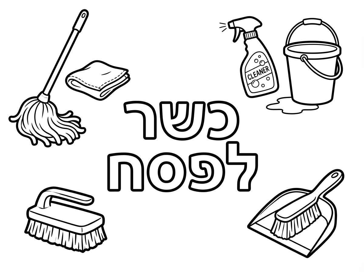 תעשה לי ציור שצריך לצבוע, עם קווים מודגשים שיהיה נוח לצבוע בפנים. 
שיהיה כתוב במרכז בגדול : כשר לפסח. עם אפשרות לצבוע בתוך האותיות. ומסביב שיהיה בערך 4 אביזרי ניקיון. למשל, מקל וסחבה, מרסס חלונות, דלי ועוד. ושגם יהיה נוח לצבוע בפנים, ושלא יהיה מדי גדול.