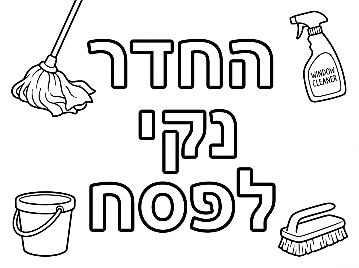 תעשה לי ציור שצריך לצבוע, עם קווים מודגשים שיהיה נוח לצבוע בפנים. 
שיהיה כתוב במרכז בגדול : החדר נקי לפסח. ושהאותיות יהיו יותר גדולות מהאלמנטים. עם אפשרות לצבוע בתוך האותיות. ומסביב שיהיה בערך 4 אביזרי ניקיון. למשל, מקל וסחבה, מרסס חלונות, דלי ועוד. ושגם יהיה נוח לצבוע בפנים, ושלא יהיה מדי גדול.