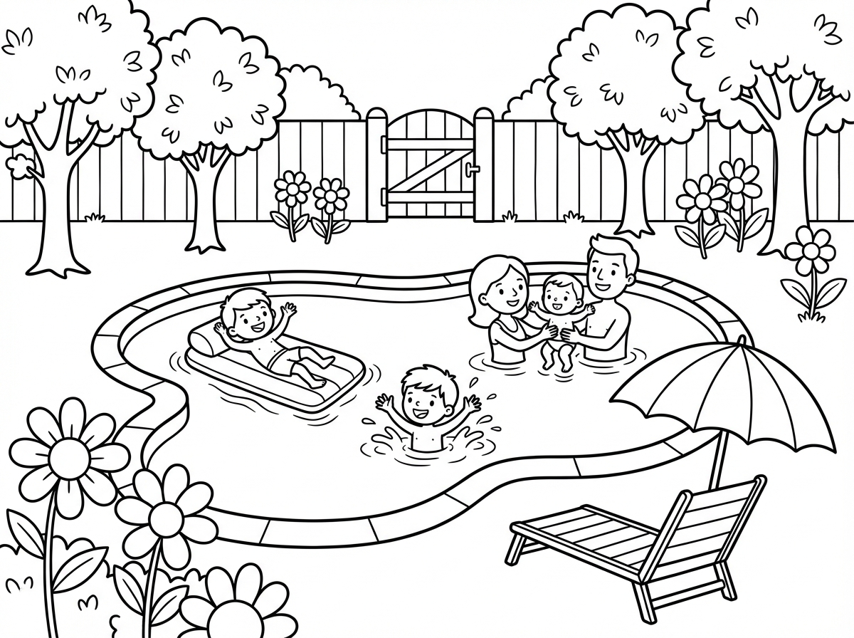 אני רוצה תמונה של בריכה עם אנשים והברכה נמצא בתוך החצר ובחצר יש עצים ופרחים