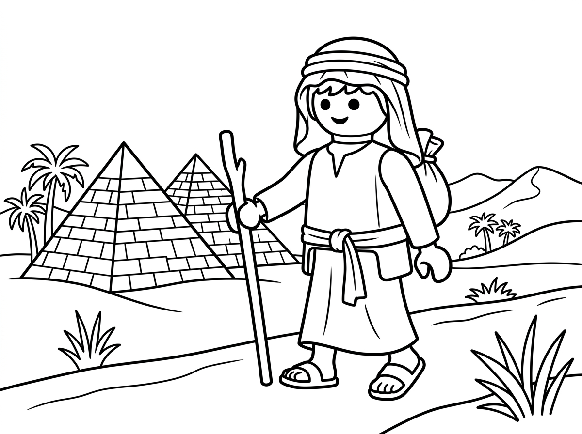 שלום, אני רוצה ליצור דמות של ילד בגיל 5 בסגנון פליימוביל. הילד נראה כאילו הוא יוצא ממצרים. הוא לבוש בטוניקה, עם חגורת בד, על ראשו כיסוי ראש בסגנון ישן והוא אוחז בידו מקל.