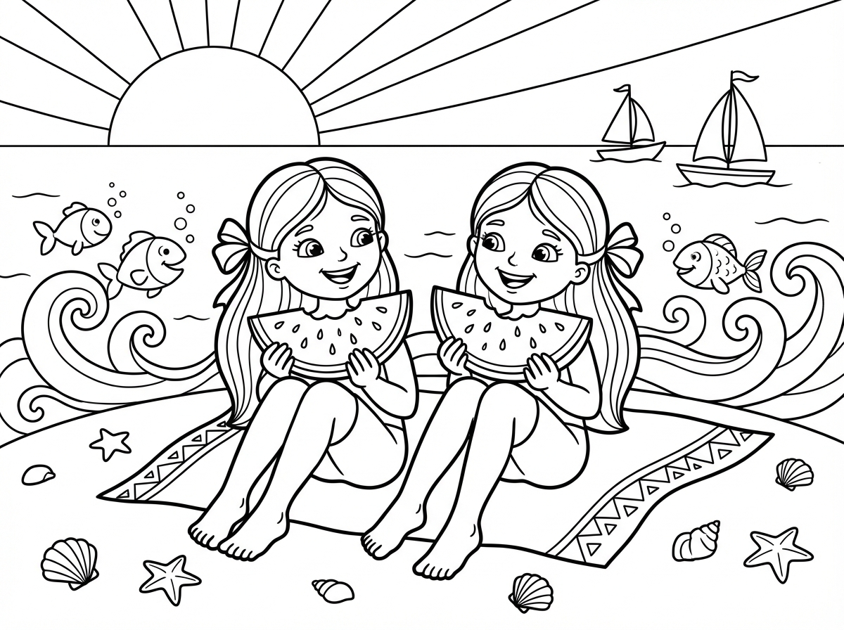 אני רוצה תמונה של שתי תאומות בנות עם סרטים בשיער ארוך יושבות על החוף ליד הים ואוכלות אבטיח עם שמש זורחת וסירות שטות במים ודגים מציצים