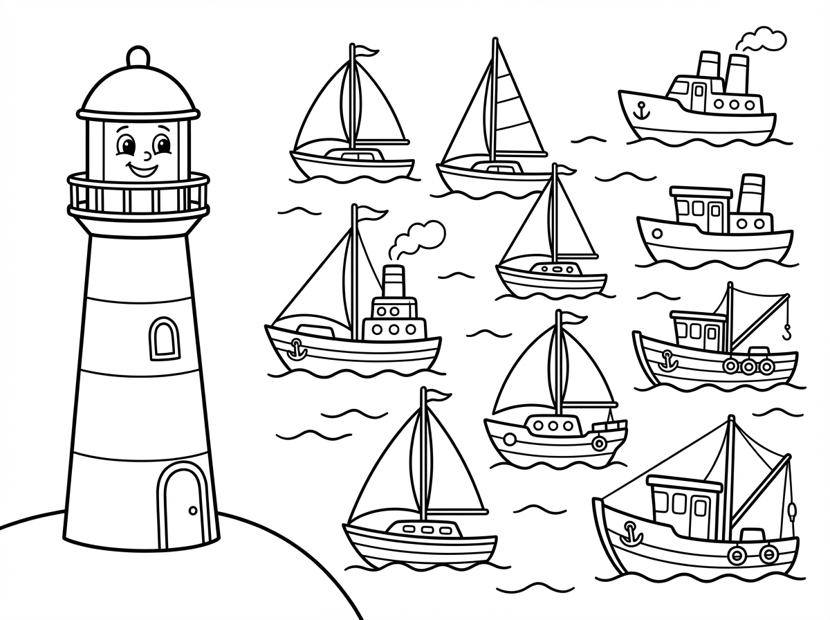 תכין לי בבקשה ציור שחור לבן בסגנון קריקטורה של מגדלור בצד ולידו ים עם 9 ספינות בדרך למגדלור