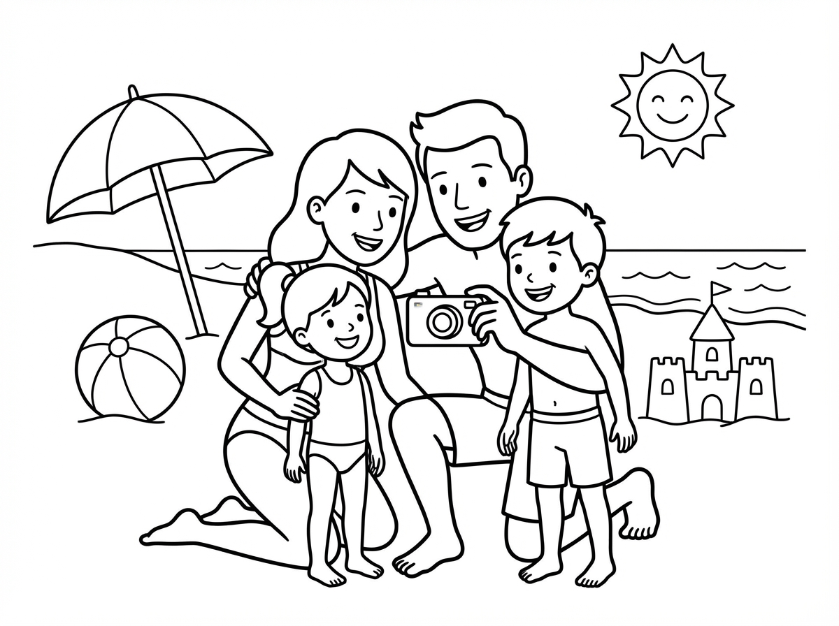 אפשר שתצייר לי ים עם משפחה שלמה שמצטלמת ושכולם עם בגדי ים גם בנים וגם בנות