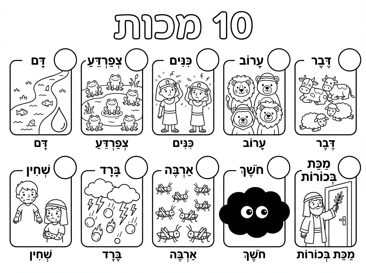 למכת חושך אני רוצה זוג עיניים בחשיכה ולמכת בכורות יהודי שם דף על המשקוף.
עכשיו האם אפשר גרסת צביעה וגירסה שהיא צבעונית ככה הילד יוכל להעתיק?