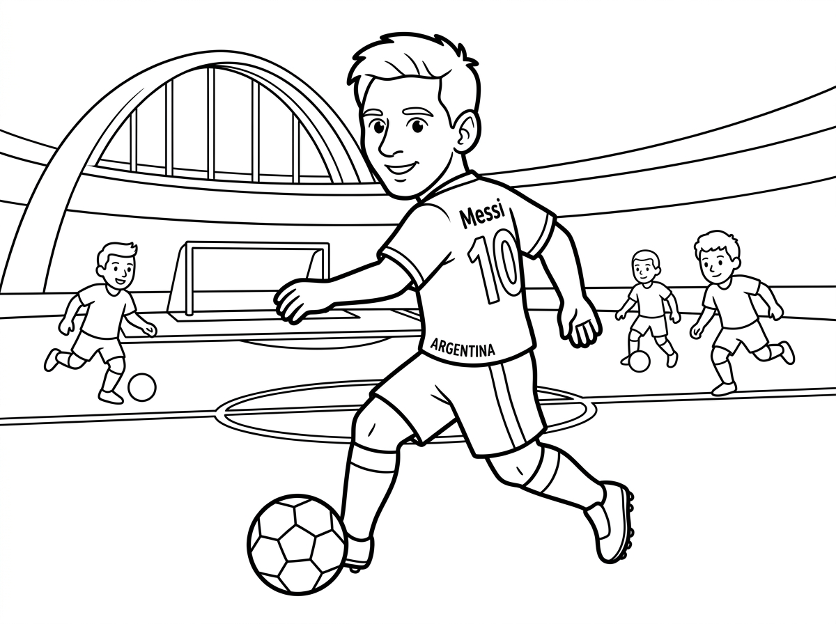 השחקן מסי משחק כדורגל. 
איור צביעה לילדים