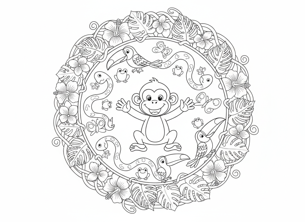 מנדלת חיות ג׳ונגל - מנדלה טרופית עם קוף במרכז, מוקפת בטבעות תוכים, טוקנים, צפרדעים, נחשים, פרפרים, עלי ג׳ונגל, פרחים אקזוטיים, גבול גפנים