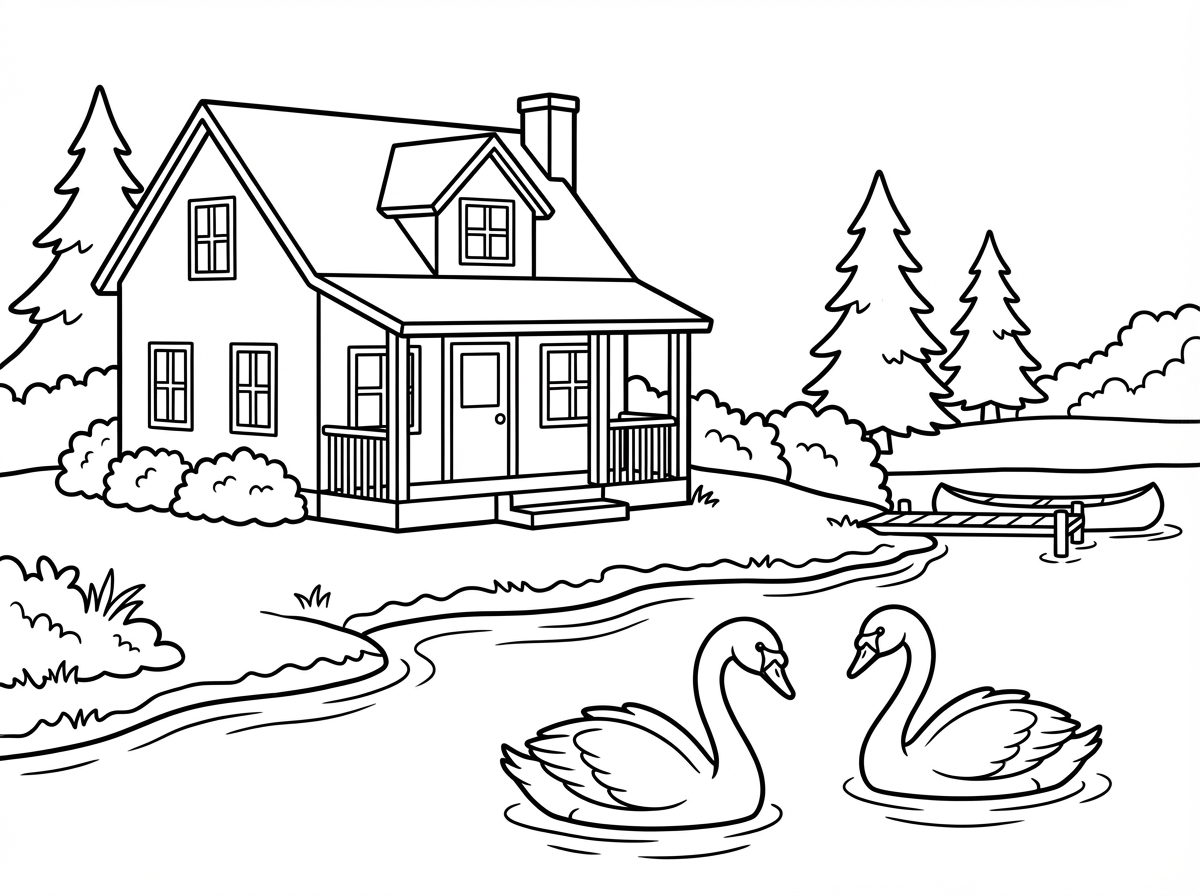 צייר לי בית נופש על שפת אגם וברבורים בתוך המים