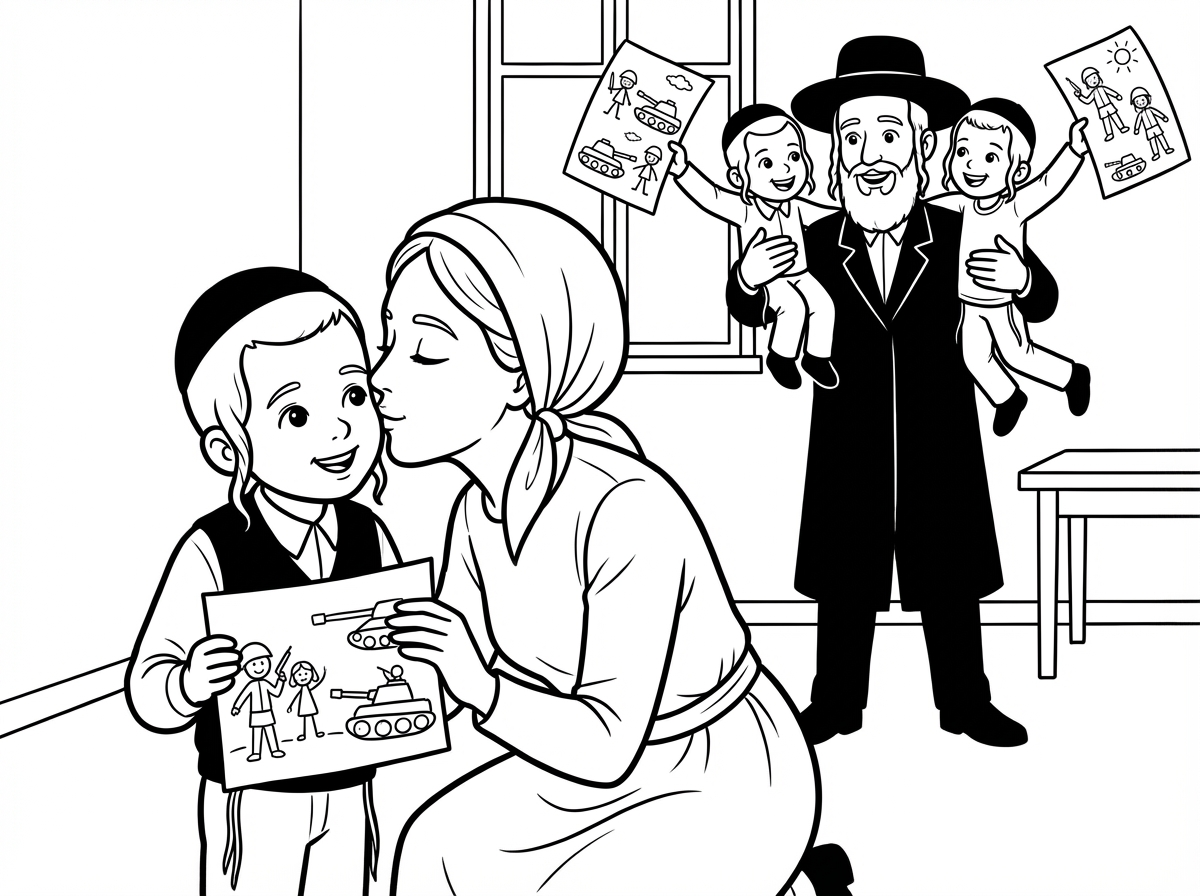 אשמח לקבל תמונה איך שילד חרדי מראה לאמא חרדית שלו ציור שצייר את המלחמה ואמא שלו נותנת לו נשיקה וילדים אחרים שאבא חרדי מרים אותם לכיון השמים כמו מטוס ומראים לו ציורים שצירו