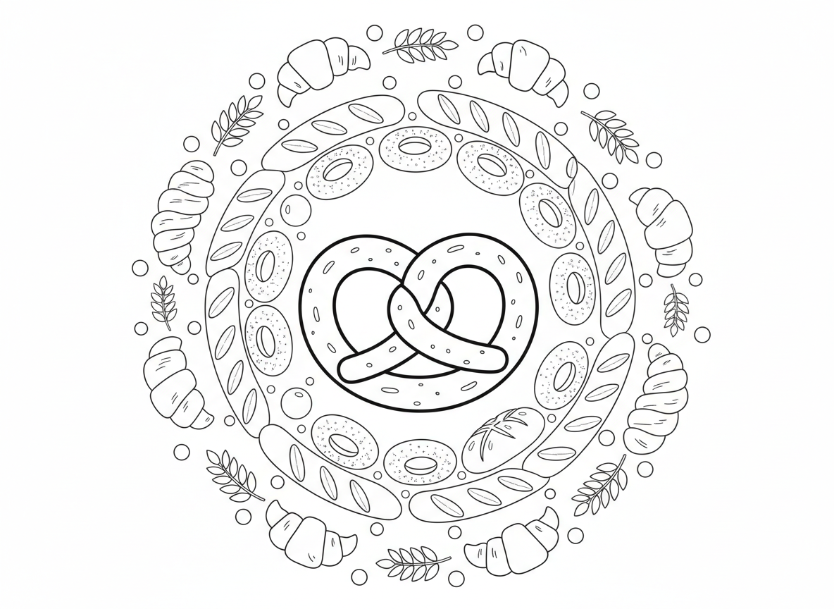 מנדלת בייגלה ולחם - מנדלת מאפייה עם בייגלה במרכז, מוקפת בטבעות קרואסונים, בייגלים, באגטים, לחמניות, צמות חלה, אלומות חיטה בין טבעות, נקודות אבק קמח, תחושת חום תנור