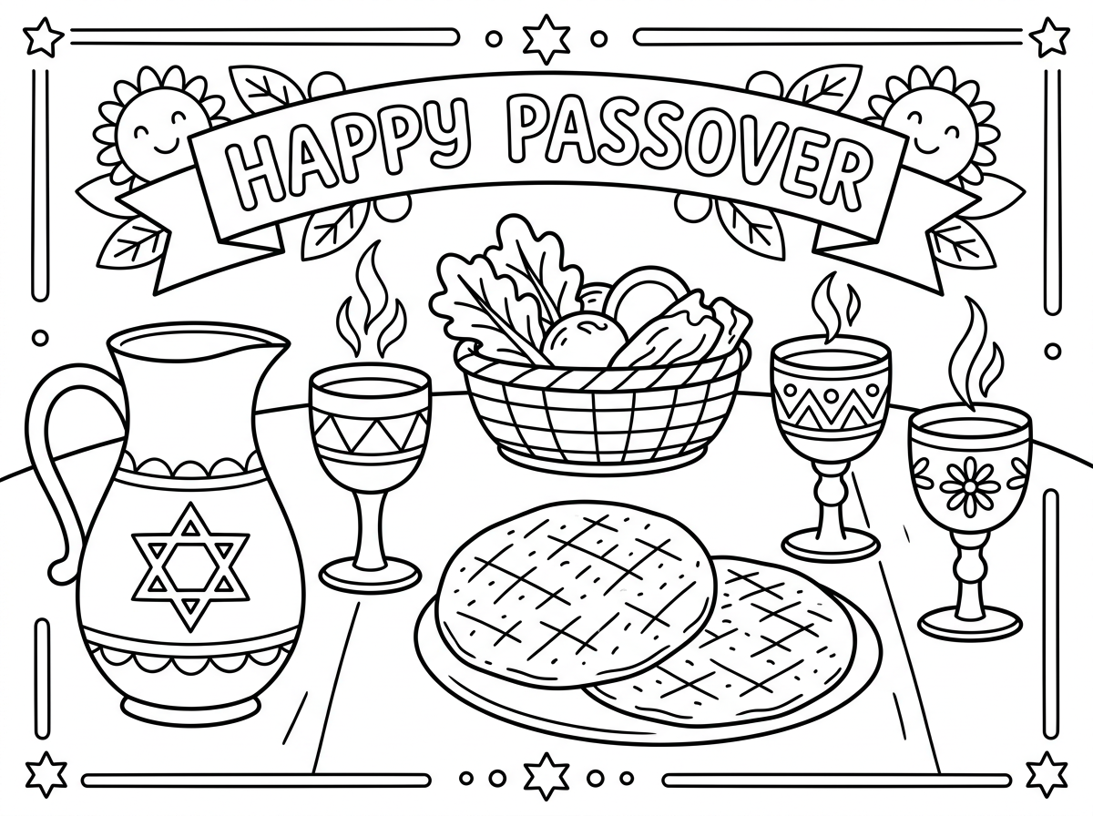 אפשר דף צביעה על חג הפסח היהודי שיש בו 4 כוסות יין ומצות עגולות