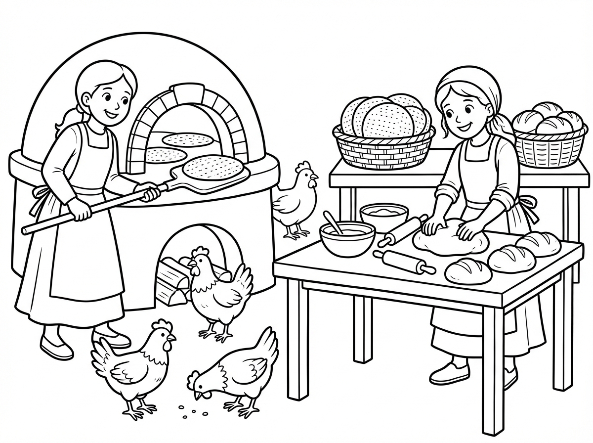 צריכה תמונה של אפיית חמץ עם ילדות עם שרוולים ארוכים וסינרים וחצאית ארוכה עופות בטבון מצות בשמחה