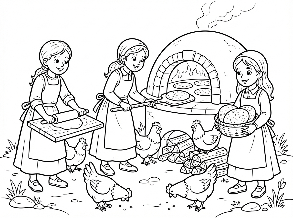צריכה תמונה של אפיית מצות עגולות. עם ילדות עם שרוולים ארוכים וסינרים וחצאית ארוכה עופות בטבון מצות בשמחה