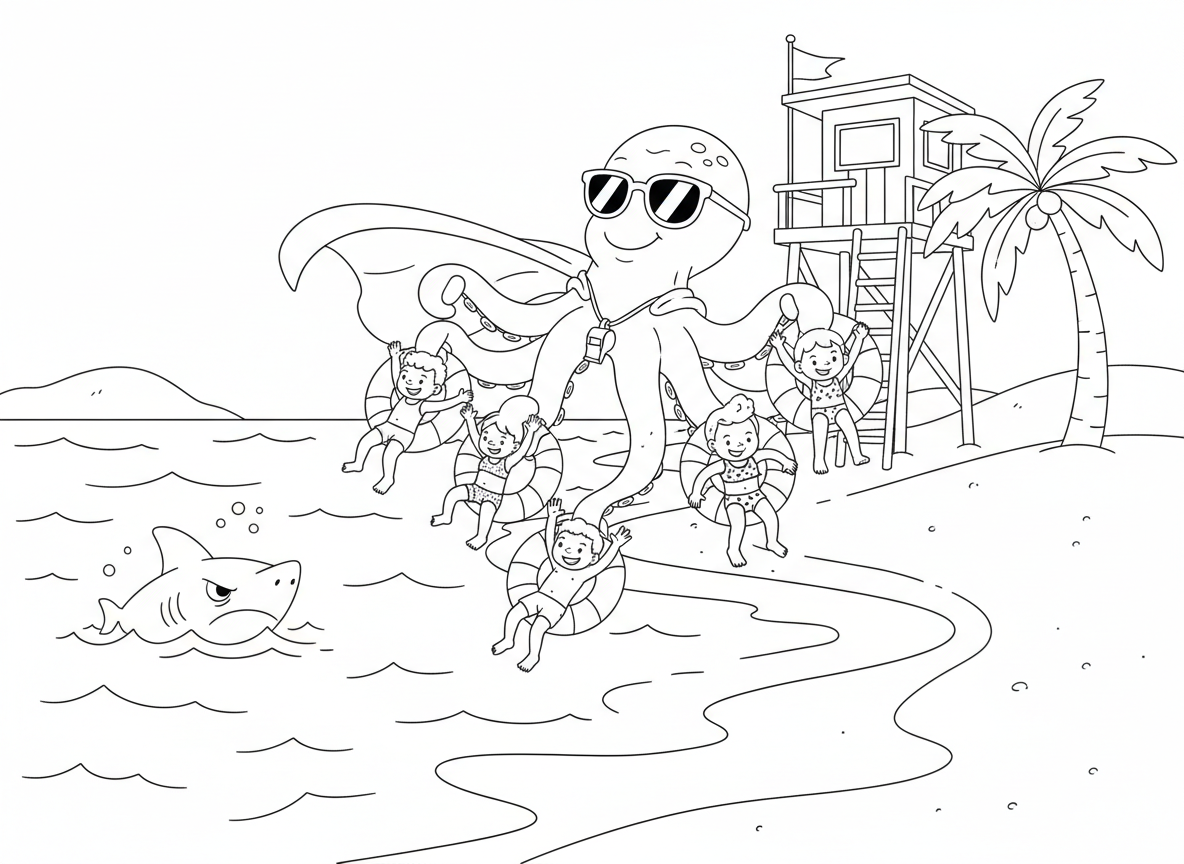 תמנון גיבור על מציל חיים - תמנון גיבור על מציל בחוף מציל שחיינים רבים בבת אחת עם שמונה זרועות, משרוקית מציל, גלימה אדומה, משקפי שמש, מצוף הצלה על כל זרוע, כריש רשע שוחה משם, מגדל חוף