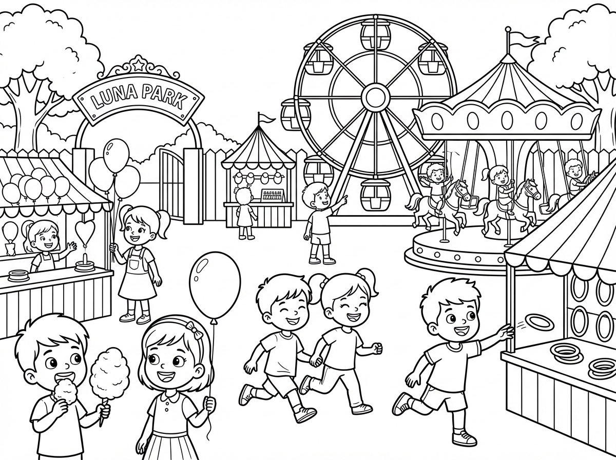 שלוםאשמח לדף צביעה של ילדים משחקים בלונה פארק