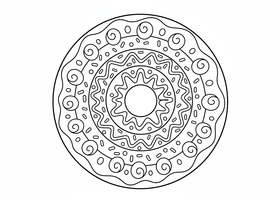 מנדלת סופגנייה - מנדלה מתוקה בצורת סופגנייה ענקית מלמעלה, חור סופגנייה במרכז, טבעות ציפויים ותוספות שונות, סוכריות צבעוניות, טפטופי שוקולד, אבקת סוכר, מערבולות ציפוי, גבול מאפה