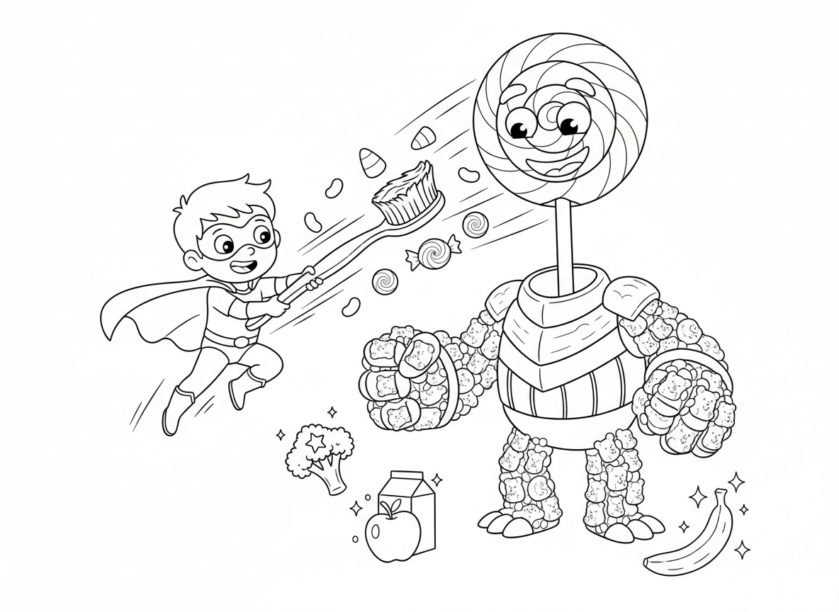 גיבור על נגד מפלצת ממתקים ענקית - ילד גיבור על נלחם במפלצת ענק עשויה ממתקים, אלת סוכרייה על מקל, אגרופי דובוני גומי, שריון שוקולד, גיבור מתחמק מפגזי ממתקים, חרב מברשת שיניים, פאוור-אפ אוכל בריא מפוזרים