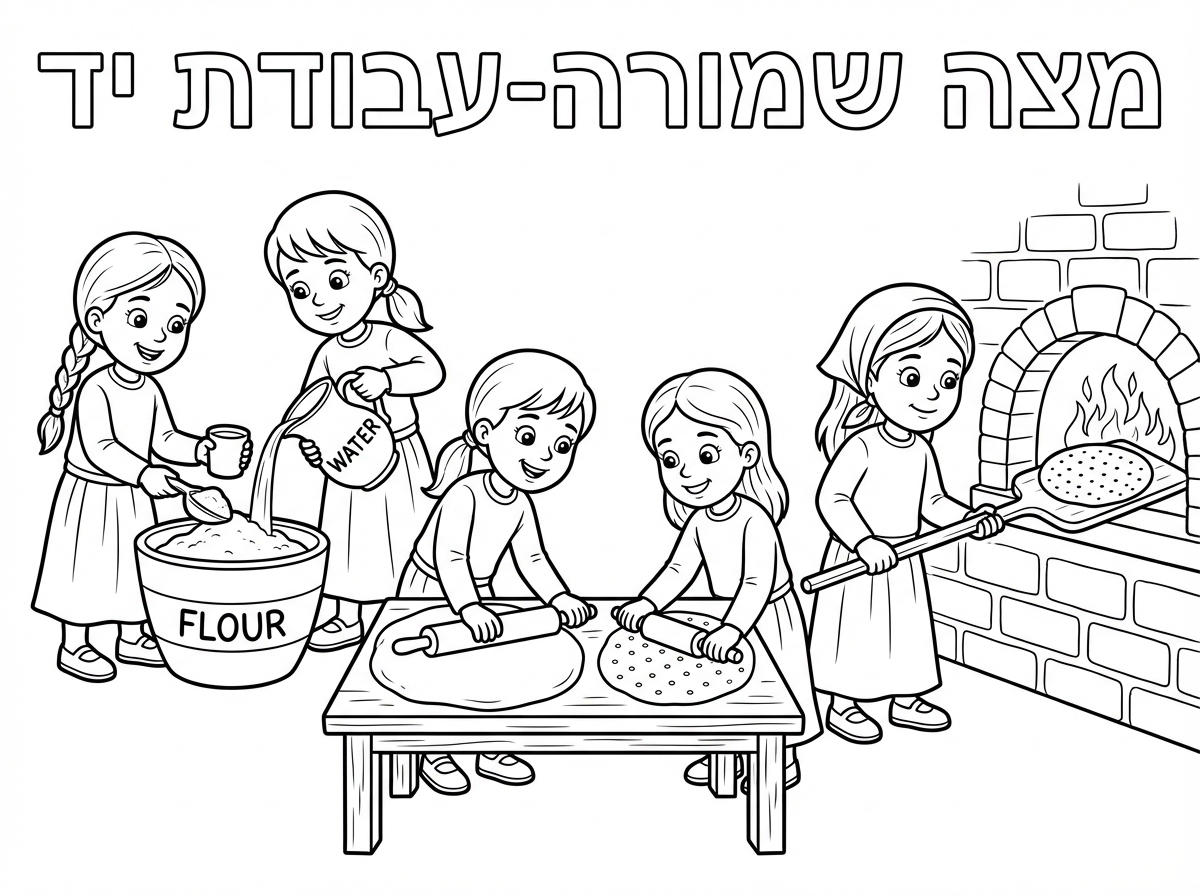 דף צביעה שחור לבן

ילדות קטנות בגיל גן עם חולצה ארוכה שמכסה את המרפק
חצאית ארוכה שמכסה את הברך

מכינות מצות
כותרת אותיות חלולות 

מצה שמורה-עבודת יד
ליד שולחן קטן
ילדה אחת ליד קערת קמח וילדה אחרת מוסיפה מים

ליד שולחן קטן
ילדה מרדדת בצק בצורה עגולה
וילדה אחרת מחוררת את המצה העגולה 

ילדה ליד תנור אפיה
על המקל מצה נכנסת לתנור
של מאפיות עם אש חיה