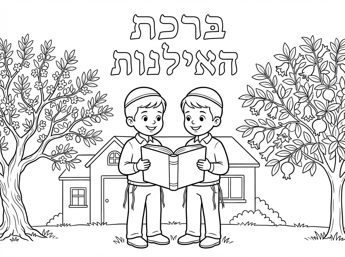 עכשיו שתי ילדים בנים קטנים
חולצה מכנס ארוך עם חוטי ציצית ליד החגורה 
כיפה 
מחזיקים סידור ביד
כותרת
ברכת האילנות 

עומדים בגינה על דשא ליד בית
יש שני עצים בפריחה בלי פירות
עצים שונים אחד עץ זית אחד עץ רימון
