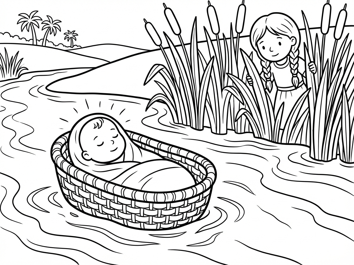 תעשה לי ציור של משה בתיבה ביאור עם פנים מוארות ומרים צופה מבעד לקני הסוף.