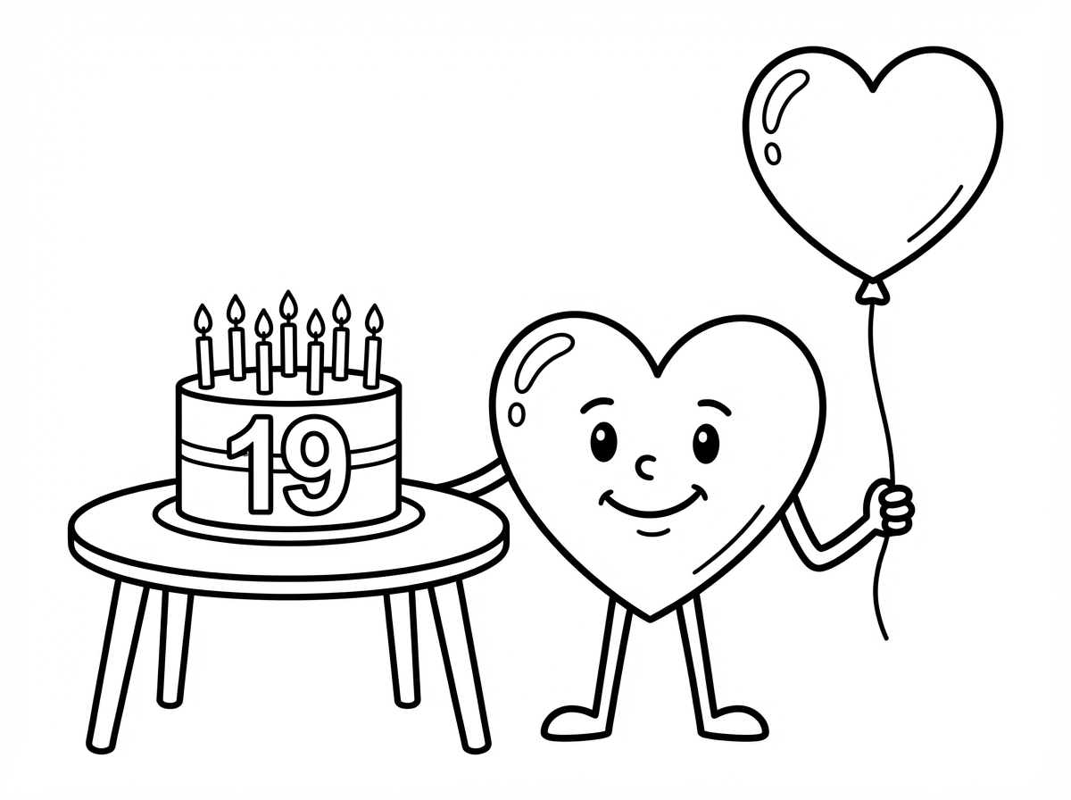 תכין לי בבקשה דף צביעה ליום הולדת:
צריך שיהיה לב שמח  שמחזיק בלון בצורת לב ועוגת יום הולדת על השולחן. על העוגה יש מספר 19