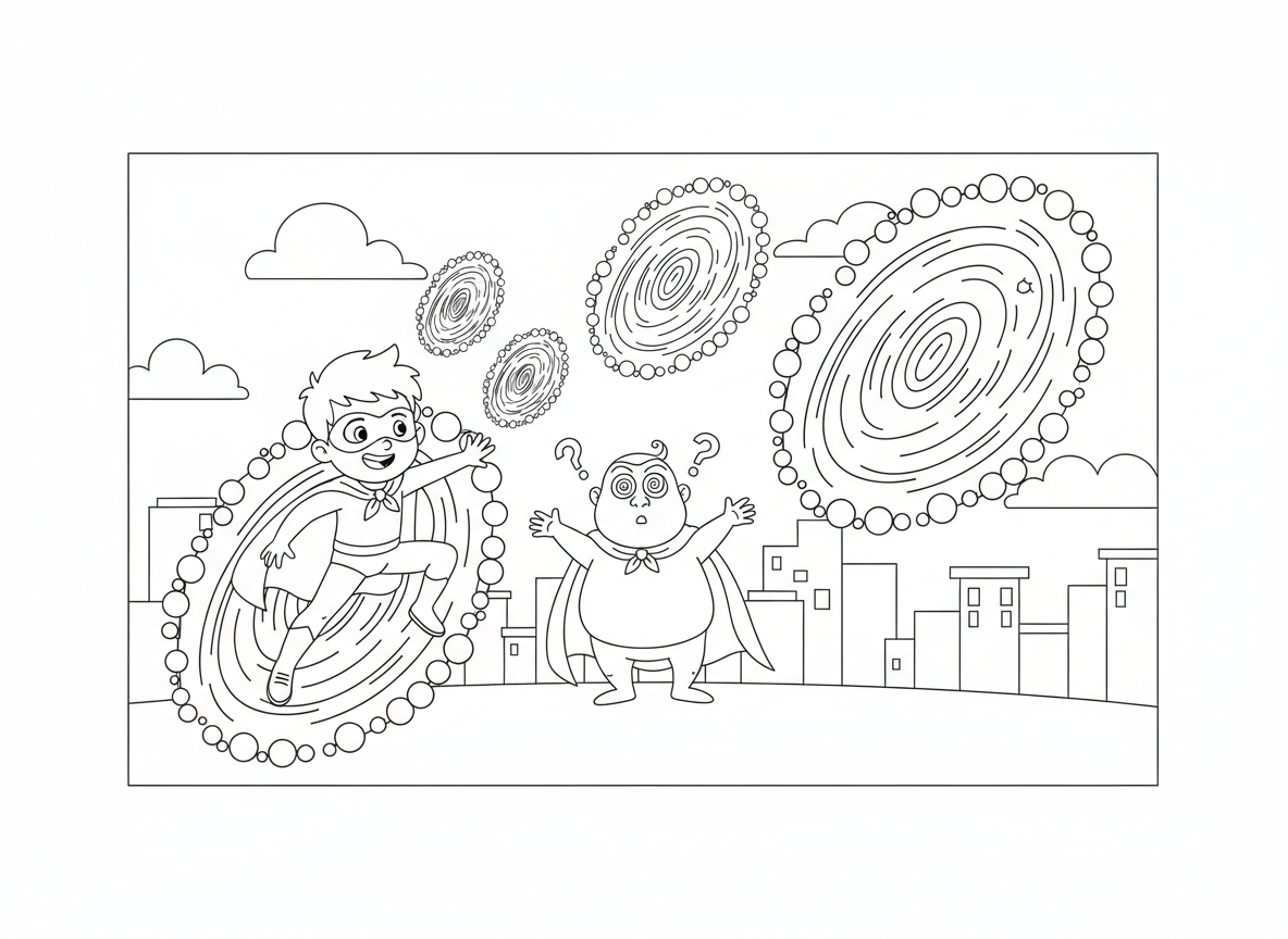 גיבור על עם כוח טלפורטציה - ילד גיבור על נעלם דרך פורטלים, רגל אחת בפורטל אחד ויוצא מאחר בצד השני של העיר, רשע מבולבל בין פורטלים, טבעות פורטל נוצצות, פורטלים רבים פתוחים בו זמנית, רשע מסוחרר