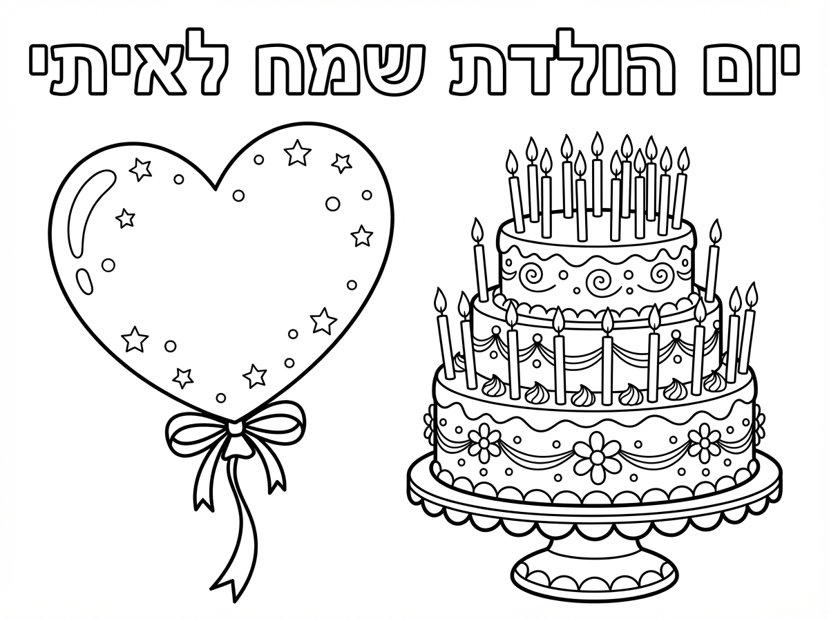 תכין לי בבקשה דף צביעה ליום הולדת, שיהיה מצוייר בלון בצורת לב ועוגה עם 19 נרות ושיהיה כתוב: יום הולדת שמח לאיתי