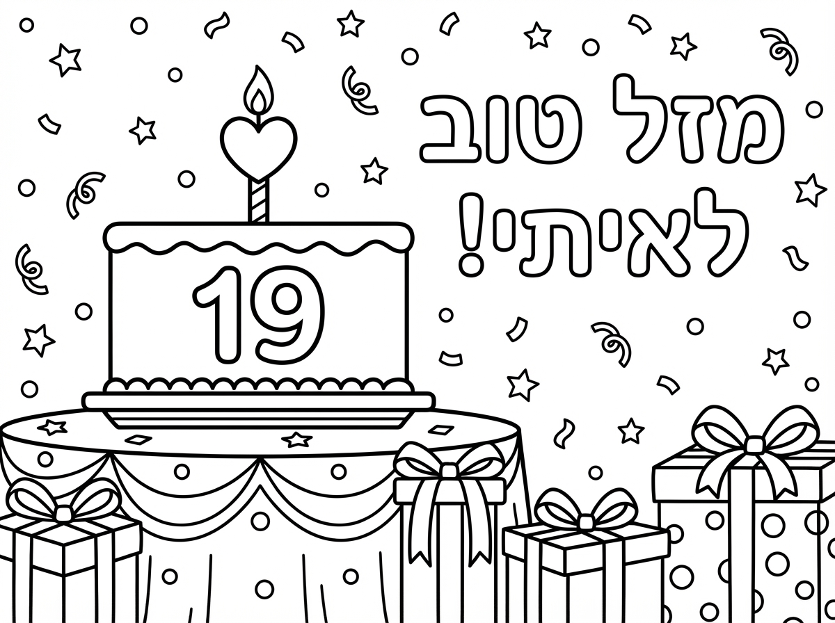תכין לי דף צביעה ליום הולדת:
מתנות עטופות, קונפטי,  עוגה מלבנית על השולחן עם הנר בצורת לב, שיהיה כתוב 19 על העוגה. וליד : מזל טוב לאיתי!
