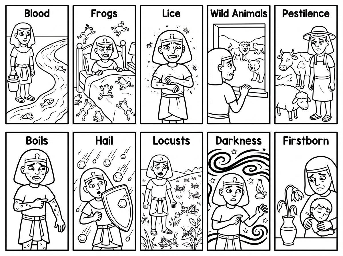 תוכל לעשות לי בבקשה דף של עשר המכות 
שכל מכה יש ציור ברור מה המכה
המצריים נראים עצובים וכאובים 
ורואים כמה הם סובלים
בעשרה חלקם נפרדים שאפשר לגזור ולעשות מזה ספרון