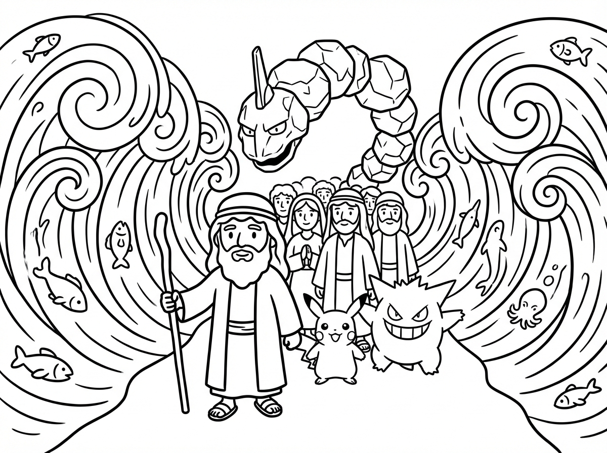 תצייר  דמויות של יהודים ו5 פוקימונים כמו גנגר, פיקאצו, אונטר עוברים בקריעת ים סוף עם משה רבנו בהתחלה עם מקל  בסגנון מצויר של פיקסאר שיהיה מסביב פריטים הקשורים לקריעת ים סוף יבקווים פשוטים לילדים קטנים