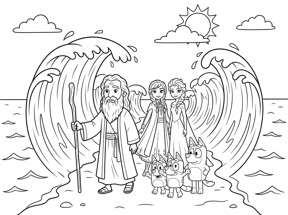 תצייר  דמויות של נסיכות, אנה ואלזה והכלבים של בלואי עוברים בקריעת ים סוף עם משה רבנו בהתחלה עם מקל  בסגנון מצויר של פיקסאר שיהיה מסביב פריטים הקשורים לקריעת ים סוף יבקווים פשוטים לילדים קטנים