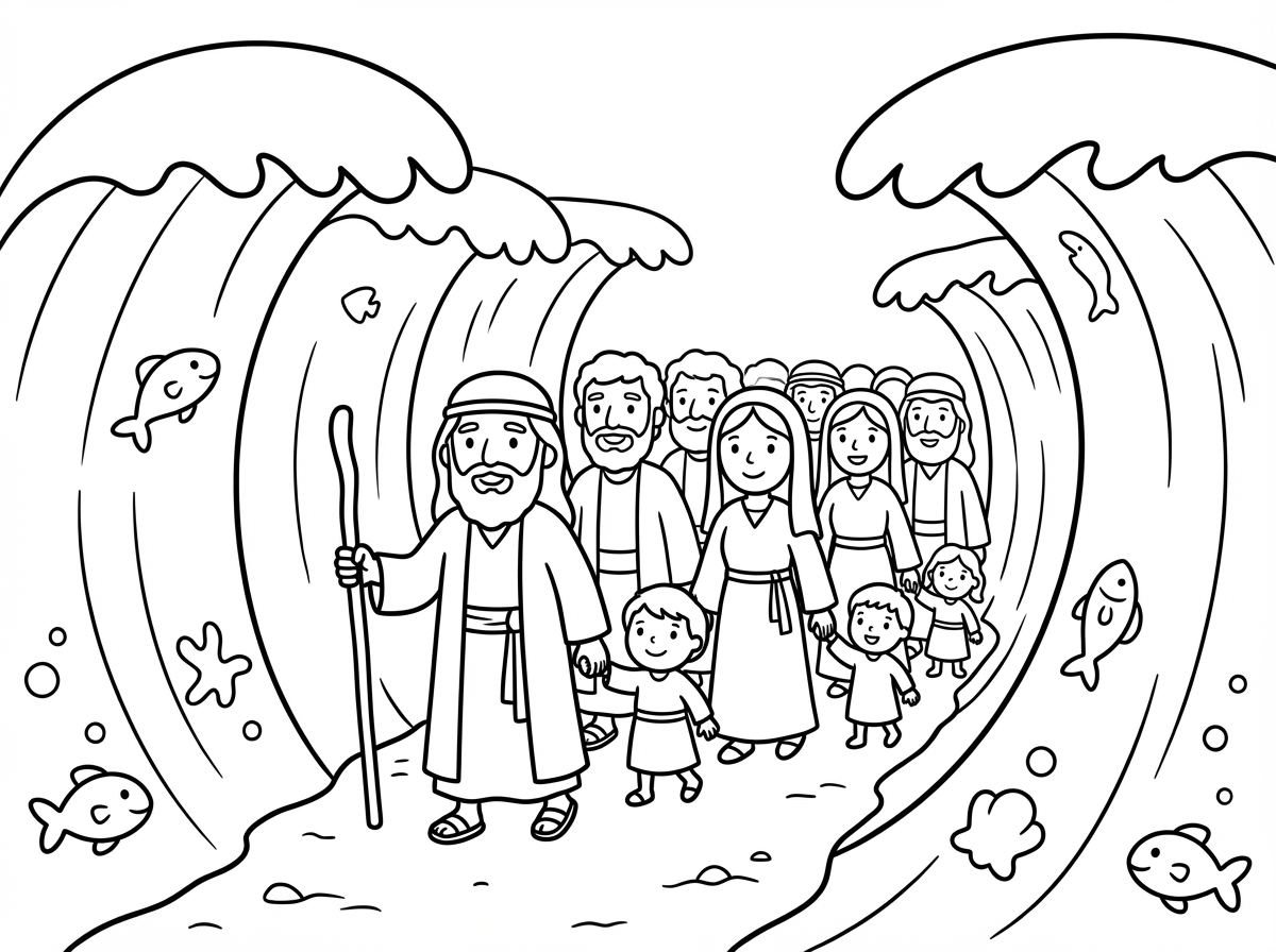 אנא הכן לי דף של אנשים יהודיים מבוגרים , נשים וילדים החוצים את הירדן בקריעת ים סוף . במים מצדי האנשים שיהיו מעט דגים. והמבוגר הראשון שחוצה יהיה עם מקל ביד