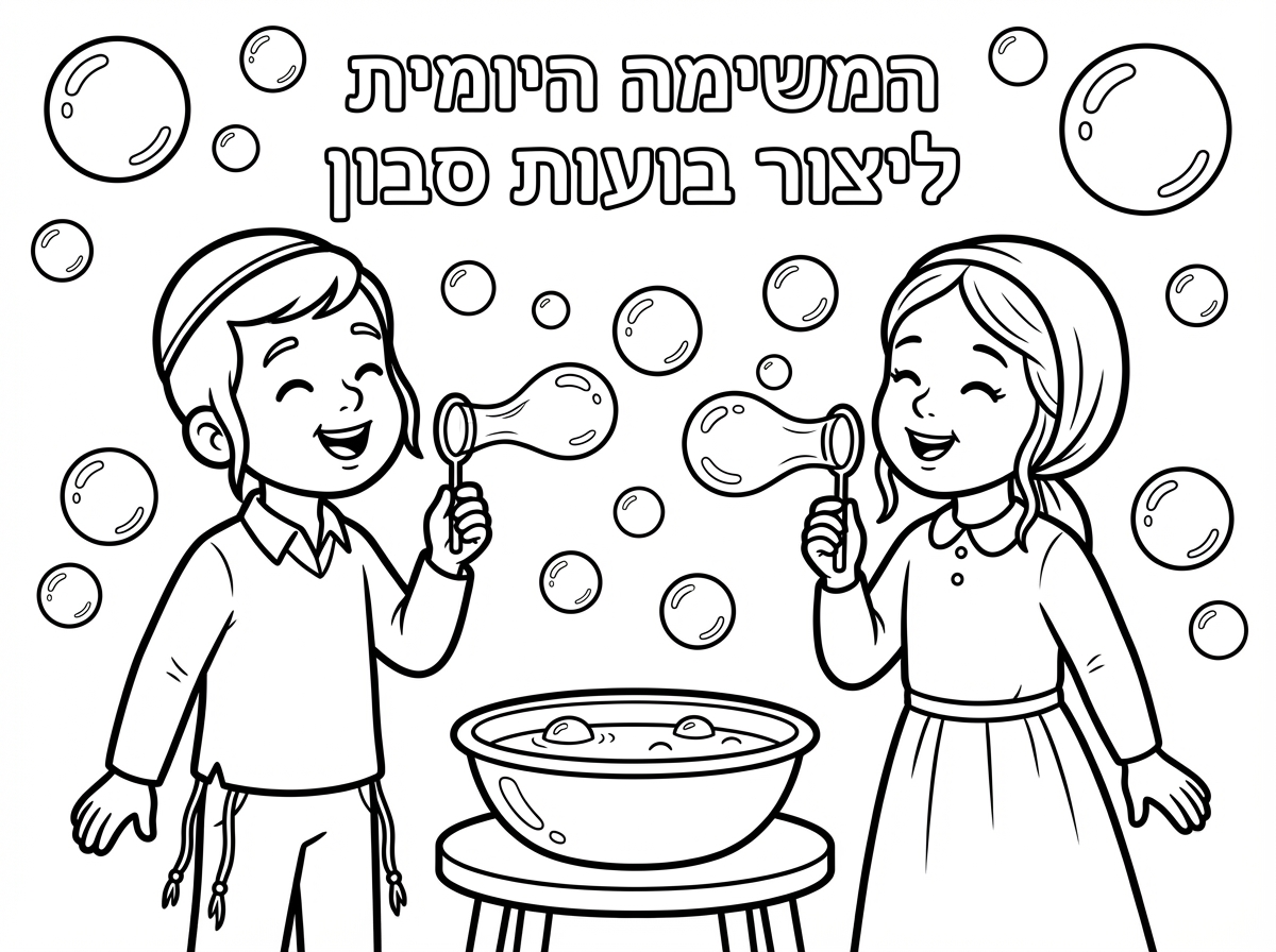 תיצור לי תמונה שכתוב בה- 
המשימה היומית
ליצור בועות סבון
רואים שני ילדים דתיים ילד וילדה עושים בועות סבון