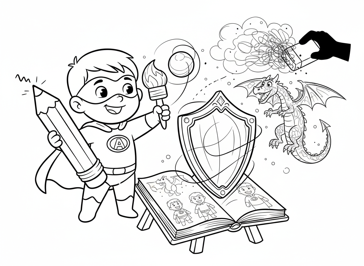 גיבור על אמן שהציורים שלו מתעוררים לחיים - ילד גיבור על אמן שהציורים שלו הופכים אמיתיים, מצייר מגן שנהיה אמיתי, עיפרון ככלי נשק, מכחול יוצר פיצוצי אנרגיה, פנקס סקיצות של גיבורים, דרקון מצויר עוזר להילחם, מחק לבטל התקפות רשע