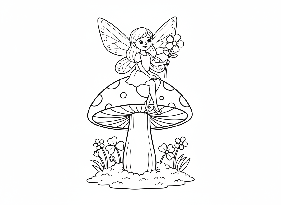 פייה יושבת על פטרייה - פייה חמודה עם כנפיים נוצצות יושבת על פטרייה גדולה אדומה עם נקודות לבנות, מחזיקה שרביט פרחים, נעליים זעירות, רצפת יער עם טחב ופרחים זעירים