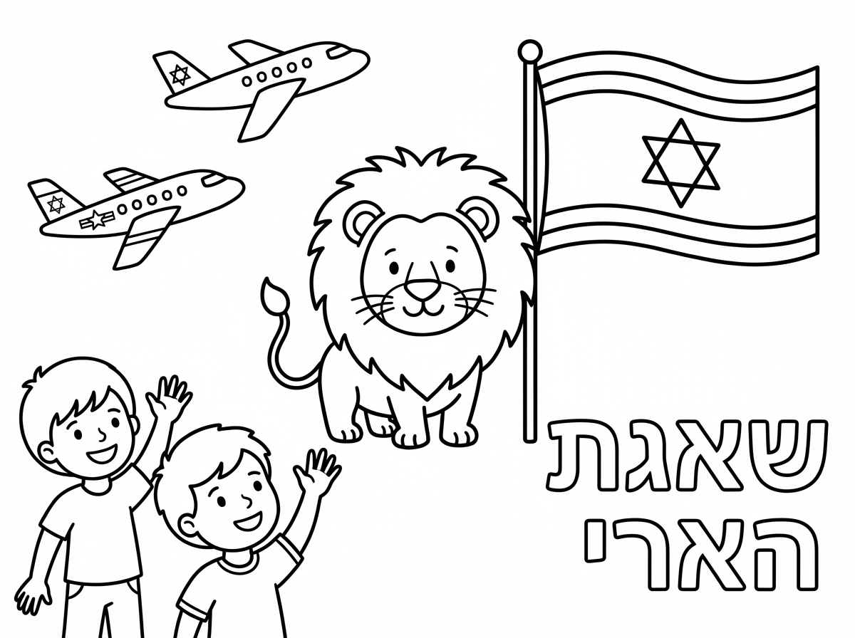 שלום.
צור לי בבקשה דף צביעה מתאים לתקופה שלנו.
שכתוב עליו שאגת הארי 
עם אריה דגל ישראל ילדים מנופפים לשלום  למטוס ישראלי ואמריקאי
