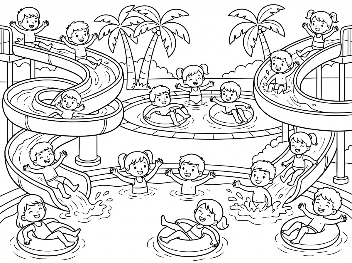 תעשה לי תמונה של המון ילדים בפארק מים ומגלשות מים.
