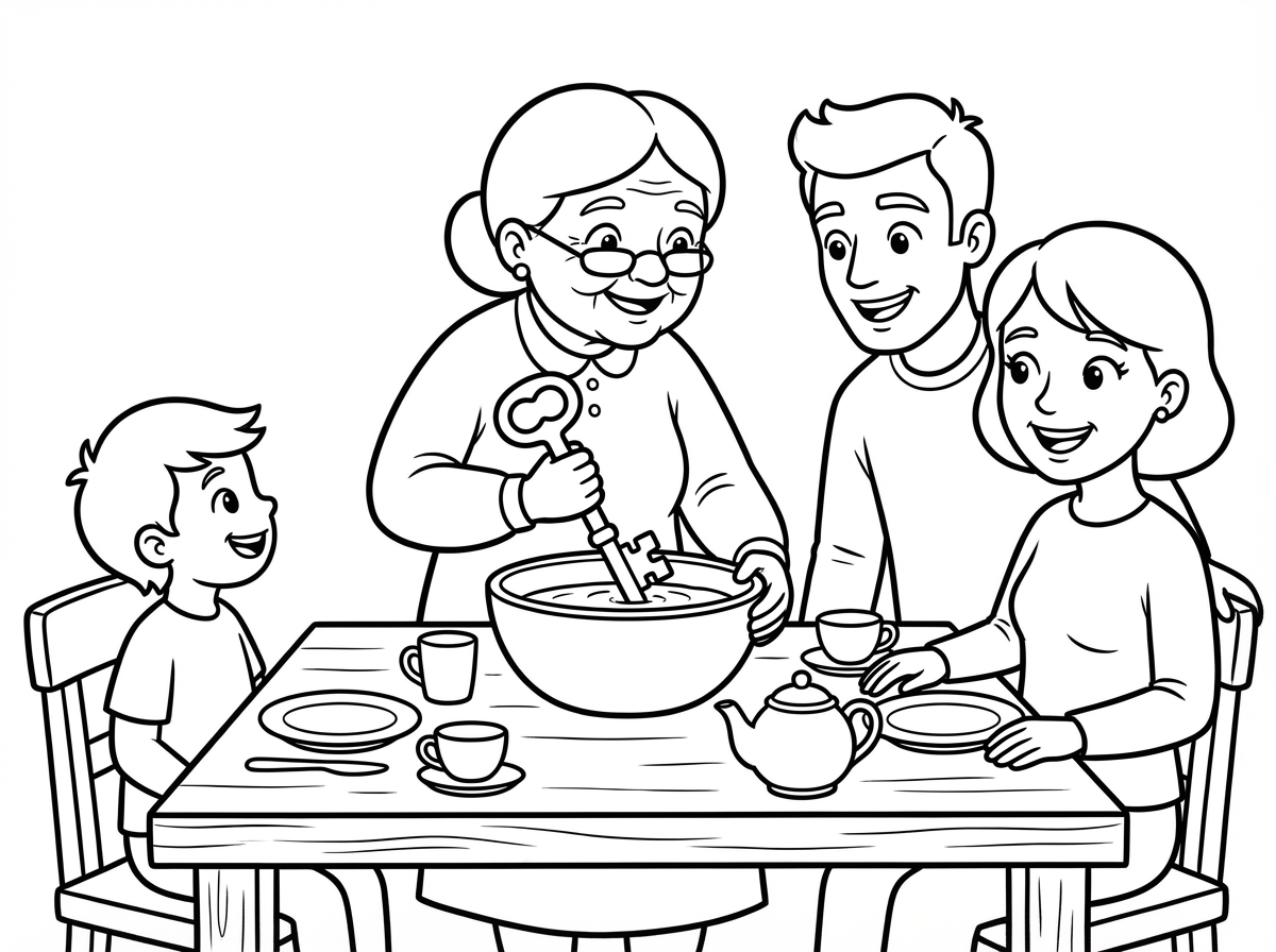 תצור לי דף צביעה. רואים משפחה סביב שולחן.
במרכז יש קערה וסבתא מערבבת עם מפתח