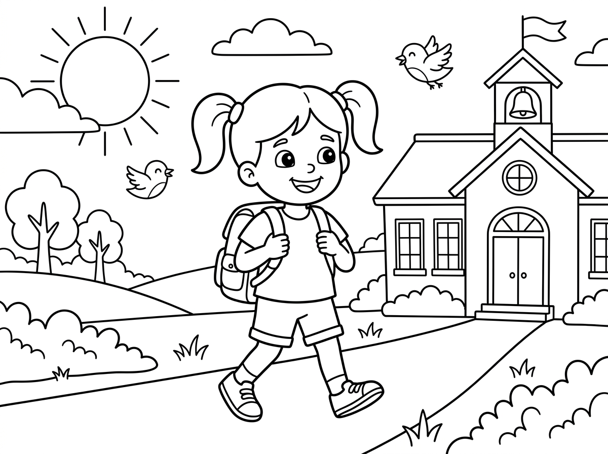 דף צביעה של ילדה שהולכת לבית הספר