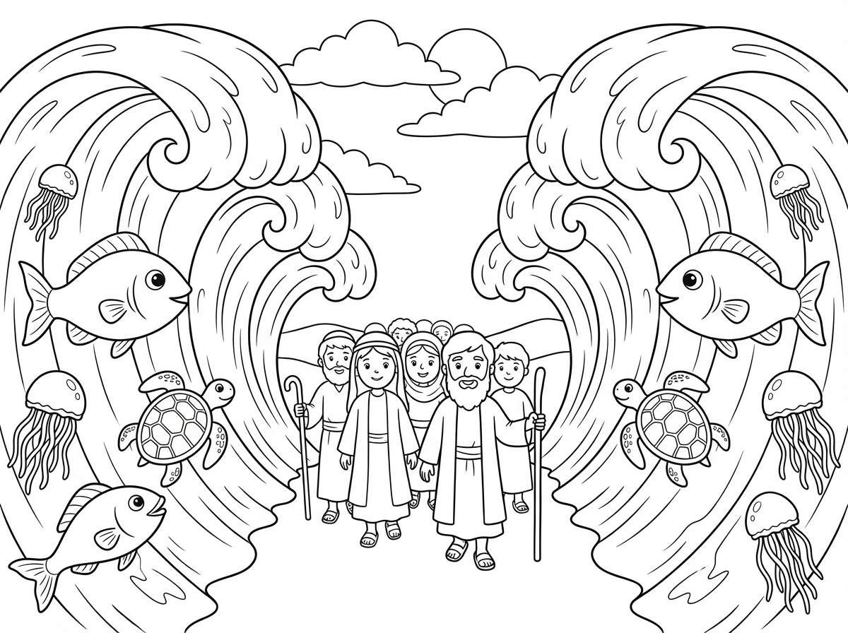 ציור של קריעת ים סוף ובני ישראל עוברים באמצע