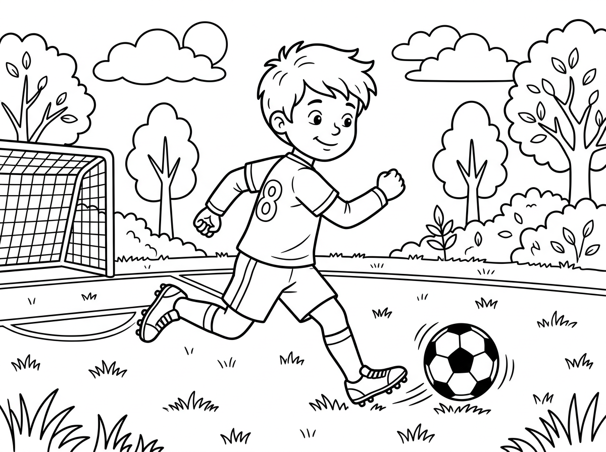 תכין לי דף צביעה של ילד שמשחק בכדורגל במגרש,