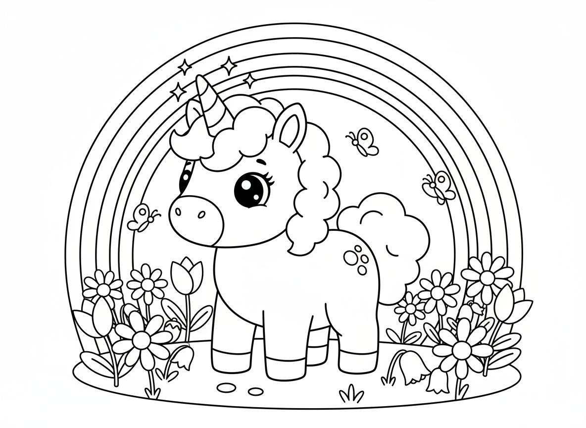 חד קרן תינוק בשדה פרחים - חד קרן תינוק מקסים עומד בשדה חינניות וצבעונים, קרן נוצצת, רעמה פלאפית, עיניים עגולות גדולות, פרפרים סביב, קשת בענן ברקע