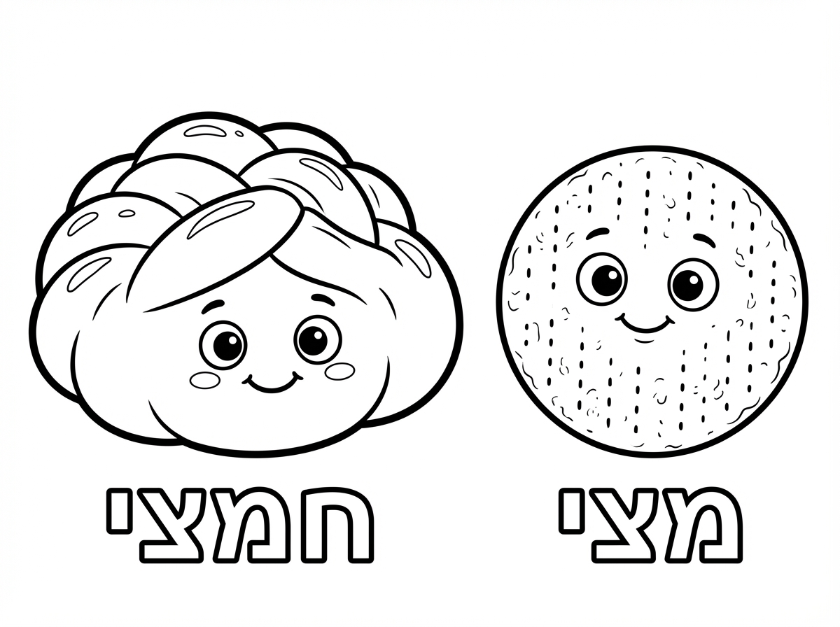 תיצור לי דף צביעה של חמצי החלה השמנמנה ביחד עם מצי המצה העגולה ללא הכיפה