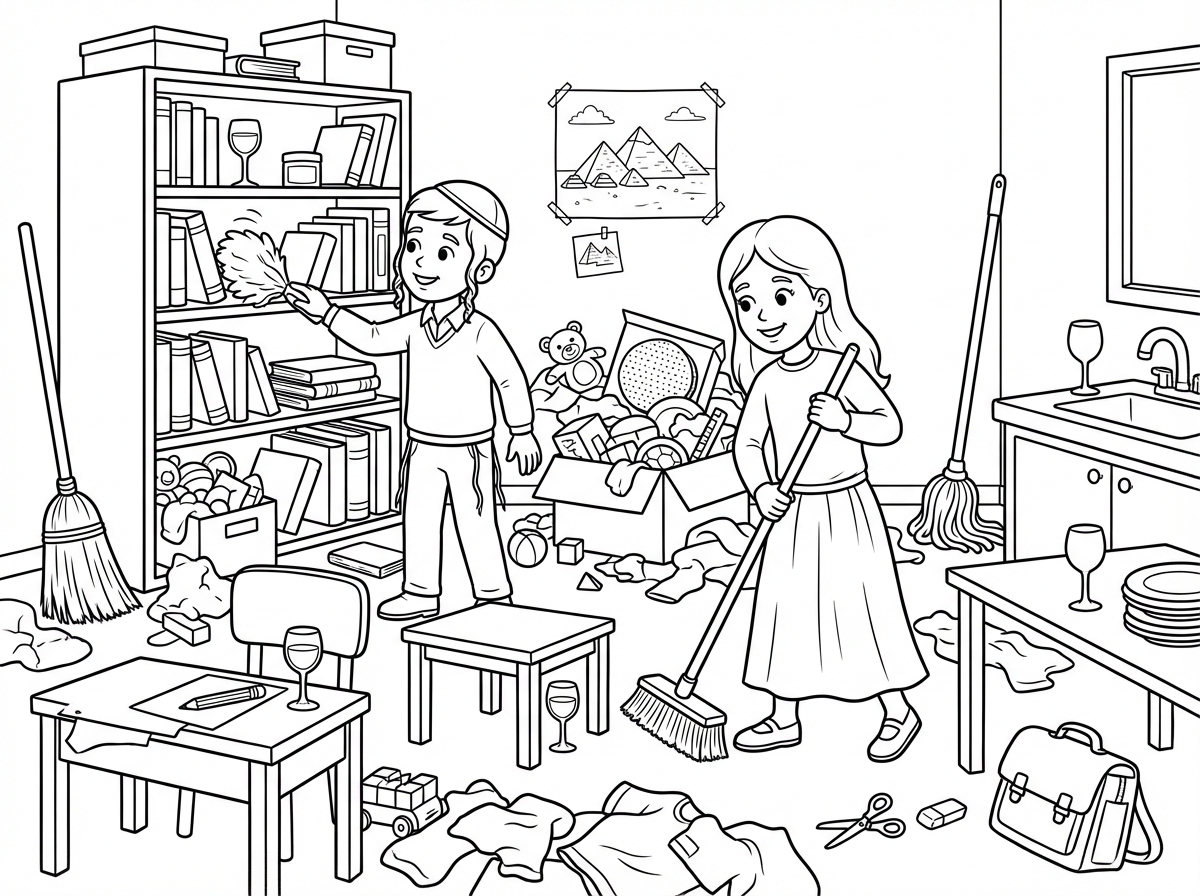 צור לי דף צביעה שבו רואים 2 ילדים בן ובת חב"דניקים דתיים שמנקים את הבית לפסח. שיראו המון המון חפצים ובין החפצים מסתתרים גם החפצים הבאים שהילד שצובע צריך למצוא:
מטאטא 
מגב
פירמידות של מצרים
מצות עגולות
4 כוסות יין (כל כוס במקום אחר)
שולחן 
כיסא
עיפרון
מספריים
מחק
ילקוט